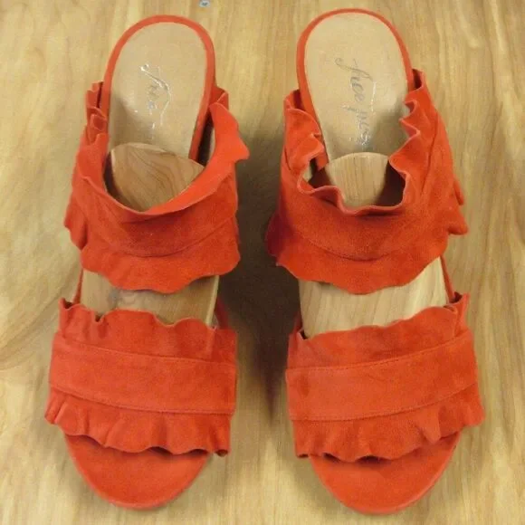 FREE PEOPLE Rosie Ruffle Heels Sz 38 Red Orange Slip On Slide Sandals Block Heel - Picture 3 of 12